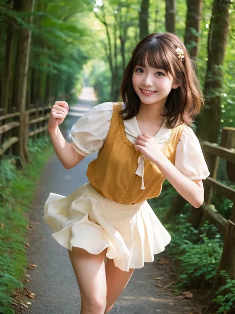 Realistic photo quality、20 year old Japanese model、Idol、Blur the background a lot、 One beautiful woman、Cute Smile、Frilled dresini skirt、Hands, feet and beautiful face of a person、The whole body of the person、forest path、Come running here、short hair、Brunett...