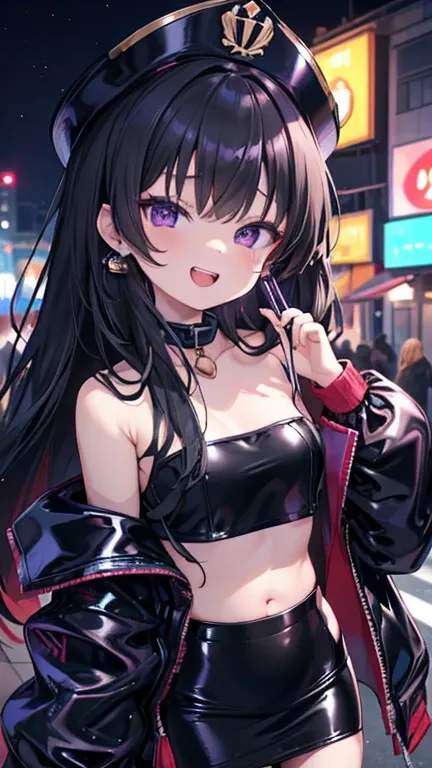 (8K、Highest image quality、highest quality、masterpiece)、detailed face、((one loli))、black hair、(long hair)、purple eyes、evil smile、open your mouth、((jagged teeth))、small breasts、Black military cap、((black jacket))、off shoulder、((shiny latex black tube top))、(...