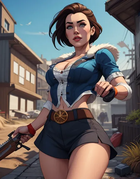 Woman character jeday style warrior armed with a 38 revolver western style atompunk Fallout 4 Jennifer Connelly le with marks of war Cartoon image of a woman .Ilustra??o estilo desenho animado, estilo de arte dos desenhos animados, estilo de arte dos desen...