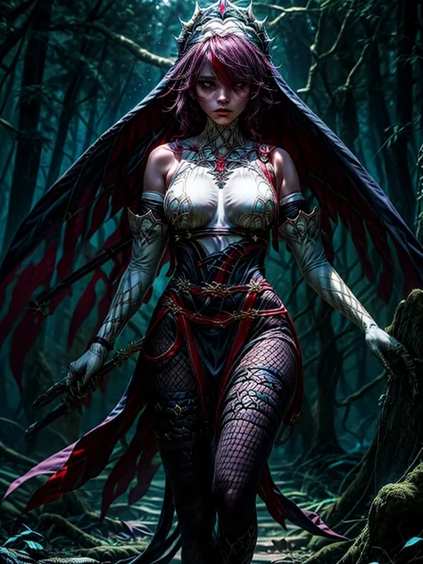 in the dark, mystical forest, a powerful and angry woman emerges from the depths of her own creation. her presence is accompanie...