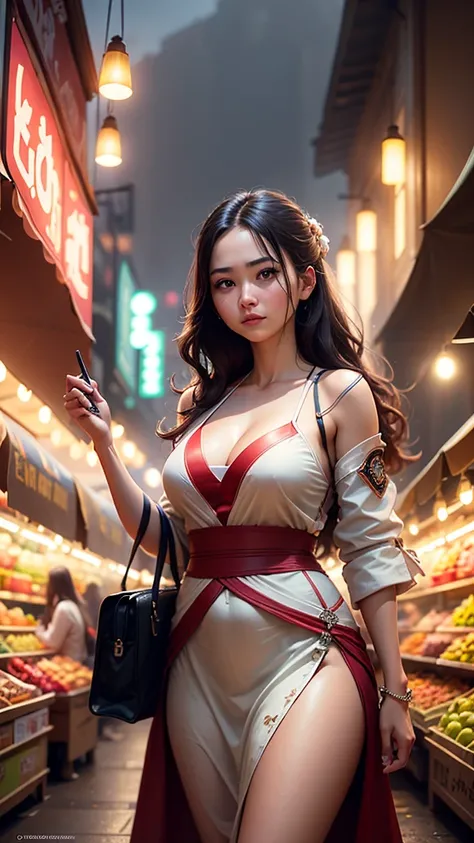 Create a single hyper realistic photo contain a georgous woman on an outstanding scene of rays of lighting  on a traditional market, 32K high resolution wallpaper, 