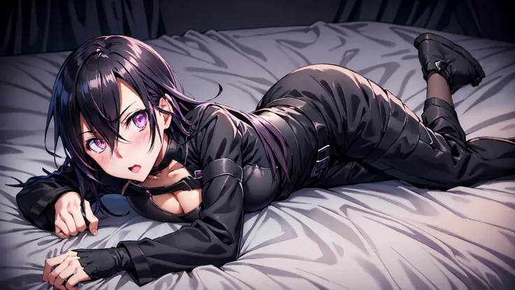 Kirito, Gun Gale Online Black Swordsman Costume Overthrow Jacket Black Shirt Breastplate, blush, large breastst Breast expansion A person with purple eyes and long hair is lying on the bed with his feet spread ahegao illustration, ultra-detailed, HDR, vibr...