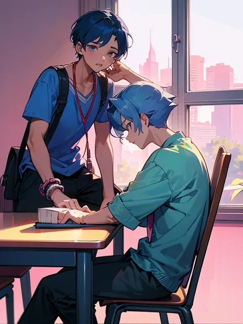 cartoon of two boys sitting at a table with a book and a backpack, ddlc, in the art style of 8 0 s anime, 9 0 s anime style, 90s anime style, in anime style, in an anime style, anime aesthetic, anime vibes, 9 0 s anime aesthetic, 9 0 s anime art style, lof...