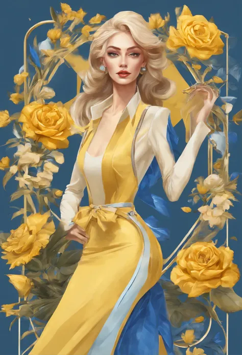 business lady, icon game, yellow and blue, owning garden, face