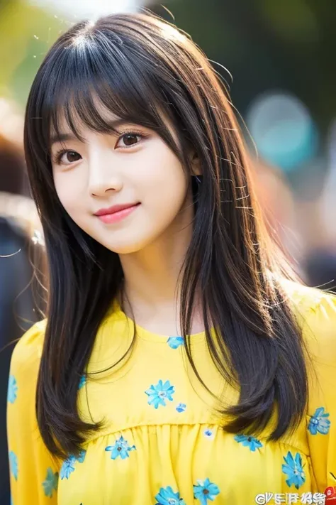 kpop idol, cute, pretty, youthful look, black long hair with bangs, yellow flowery dress