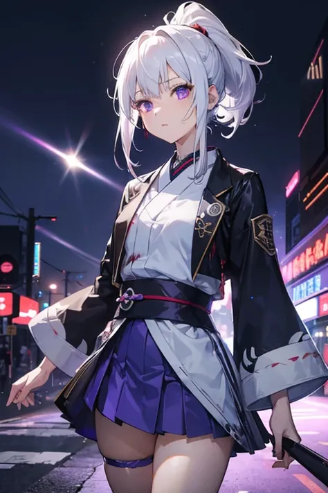 1 girl, Japanese clothes, ponytail ,white hair, purple eyes, magic circle, blue light, เปลวblue light, Wallpaper, terrain, blood, blood splatter, depth of field, nighttime, light particles, light rays, On the side of the road, thigh, fortune (set),Anime, *...