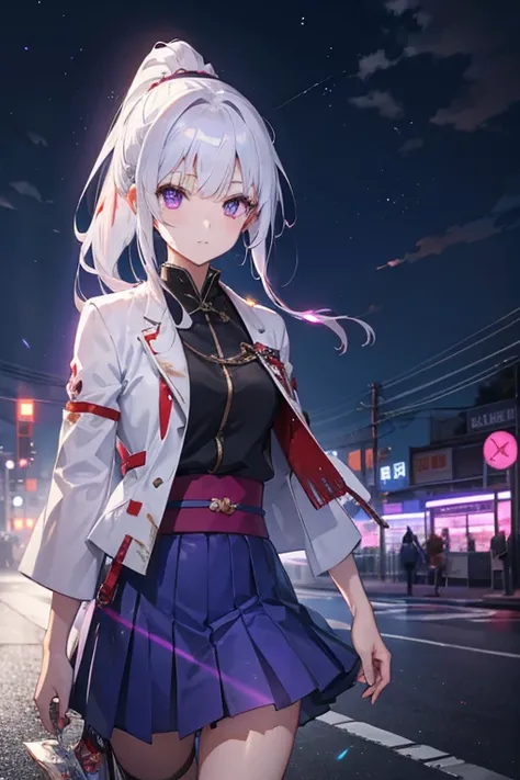 1 girl, Japanese clothes, ponytail ,white hair, purple eyes, magic circle, blue light, เปลวblue light, Wallpaper, terrain, blood, blood splatter, depth of field, nighttime, light particles, light rays, On the side of the road, thigh, fortune (set),Anime, *...