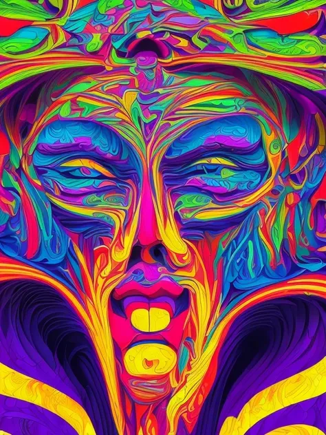 (a person with features distorting and melting into vibrant, abstract patterns),(artistic indoor setup),(photoshop post-processing to exaggerate features and colors),(melting face),(animated),(trippy),(surreal),(vibrant),(abstract),(psychedelic),(fluidity)...