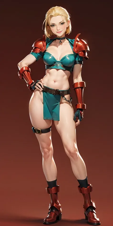 ((RED BACKGROUND)) (Cammy White Street Fighter 6 | Goofy AI) Female full body standing straight symmetrical, looking at viewer, (breastplate, choker, bracers, handcuffs, shackles, rerebrace, armored, high boots bootstraps), lustful smirking smile face red ...