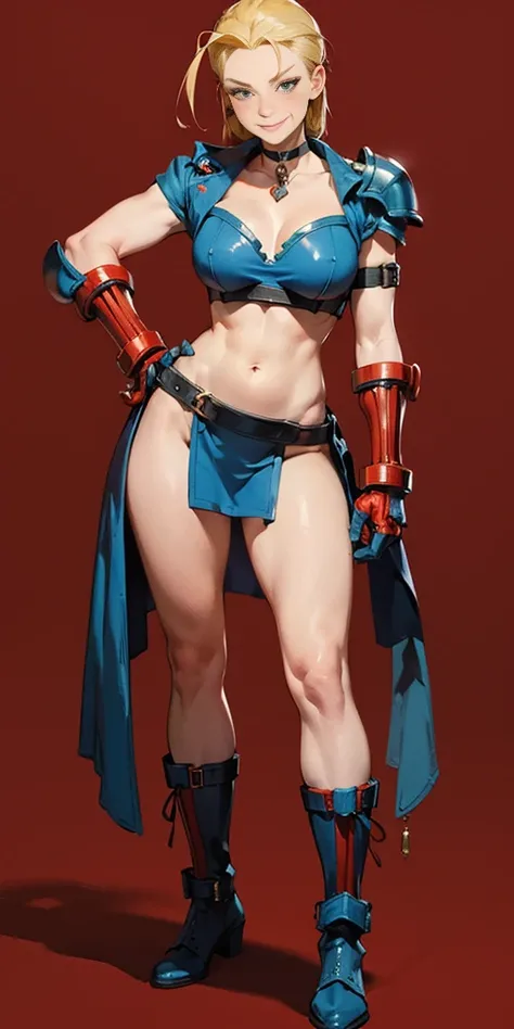 ((RED BACKGROUND)) (Cammy White Street Fighter 6 | Goofy AI) Female full body standing straight symmetrical, looking at viewer, (breastplate, choker, bracers, handcuffs, shackles, rerebrace, armored, high boots bootstraps), lustful smirking smile face red ...