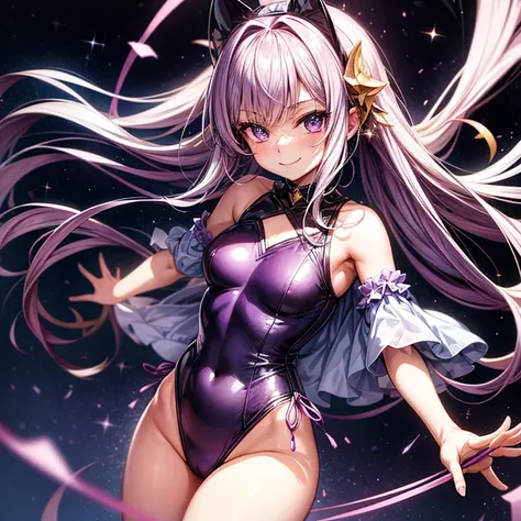 anime girl in a sparkly purple leotard with a smile on her face