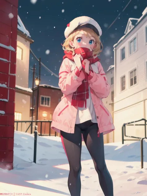 gonzarez, masterpiece, Serenaj, 1girl,l solo, 
 blue eyes, blonde hair, medium hair, open eyes , snowy city, snow strom), (thick cosy pink jacket, red scarf, tall), black leggings, winter cap, high fever, cold, cough 