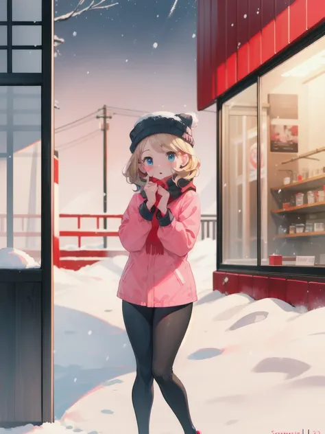 gonzarez, masterpiece, Serenaj, 1girl,l solo, 
 blue eyes, blonde hair, medium hair, open eyes , snowy city, snow strom), (thick cosy pink jacket, red scarf, tall), black leggings, winter cap, high fever, cold, cough 