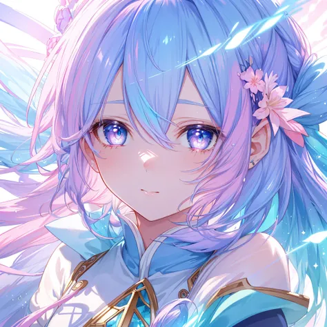 Close-up of face、Beautiful pink and blue and white haired girl, Fantasy magic (tmasterpiece: 1.2), (Best quality at best), 4K, ultra - detailed, (dynamic combination: 1.4), The content is very detailed, Colorful details, (Irridescent color: 1.2), (Bright l...