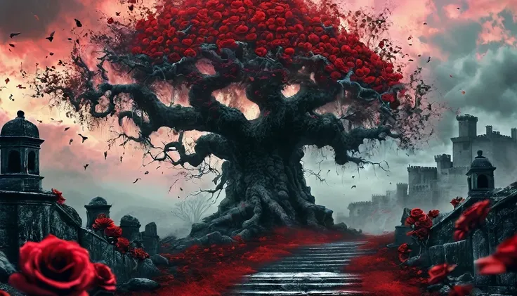 castelo of bloody roses,rosas vermelhas,old tree,sinistro por Greg Rutkowski,pintura fosca detalhada,Hyper-detailed charcoal drawing,(melhor qualidade,4K,8k,high resolution,obra de arte:1.2),ultra-detalhado,(realista,photorealista,photo-realista:1.37),HDR,...