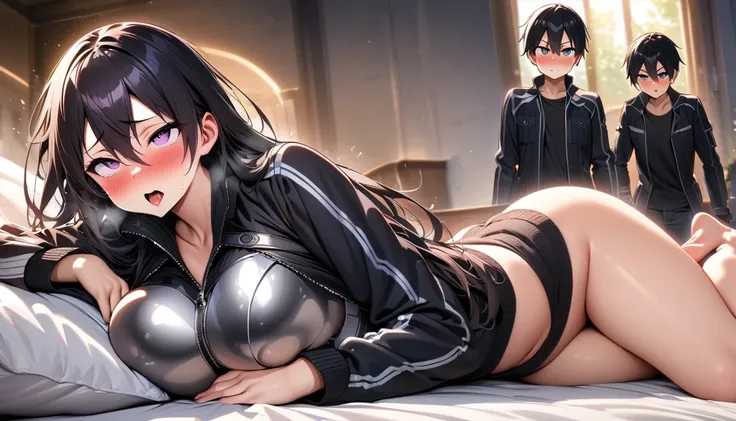 Kirito, Gun Gale Online Black Swordsman Costume Overthrow Jacket Black Shirt Breastplate, blush, large breastst Breast expansion A person with purple eyes and long hair is lying on the bed with his feet spread ahegao illustration, ultra-detailed, HDR, vibr...