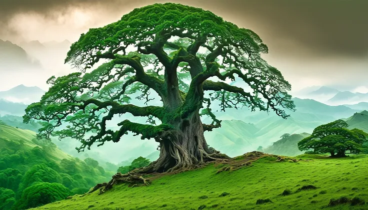 an ancient, towering oak tree stands majestically on a hill, its gnarled branches reaching towards the sky. in the background, o...