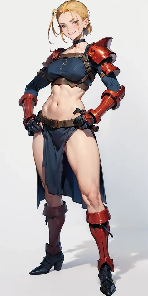 ((Plain background 1:2)) (Cammy White Street Fighter 6) Female full body standing straight symmetrical, back position (breastplate, choker, bracers, handcuffs, shackles, rerebrace, armored, high boots bootstraps, shoulder armor, faulds, poleyn, gloves, gau...