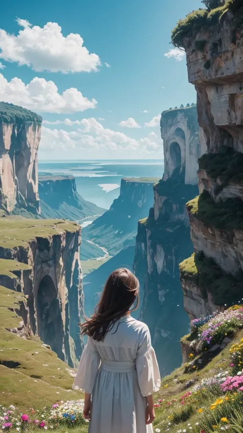 Visual of a girl standing at the edge of a cliff, looking out at a vast landscape full of flowers