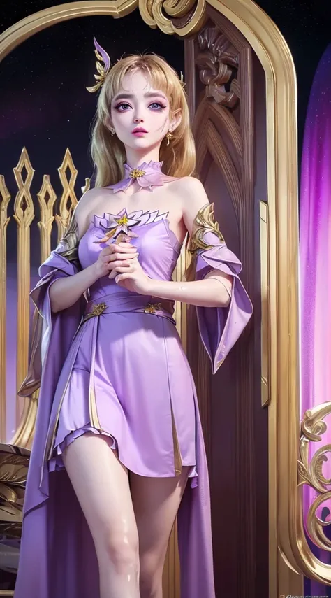 1 20 year old girl, 1 goddess Athena, pink purple silk dress, beautiful goddess Athena face without blemishes, delicate yellow nightgown, long thin sequin nightgown with many sexy black lace details, female saint legend, female saint icon, beautiful goddes...