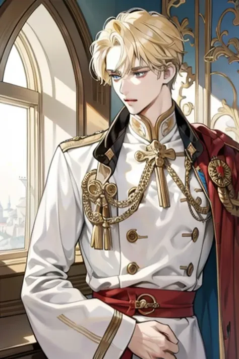 1 male, as-adult, messy blonde hair and bangs, prinz, white  clothes, handsome, dispassionate, the beautiful, condescending, sli...