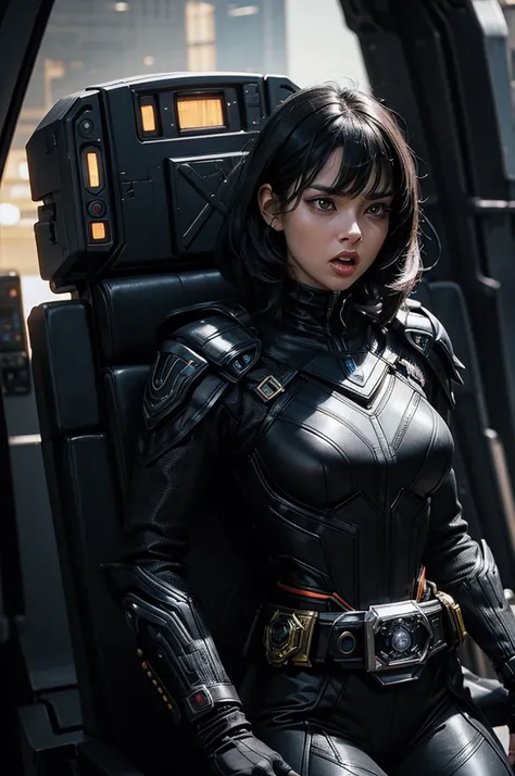 A beautiful woman takes command with her mouth wide open in anger. Mid twenties.A beautiful woman stands in front of the command seat of a spaceship and takes command. Black hair. He wears a black metallic battle uniform, and on his waist there is somethin...