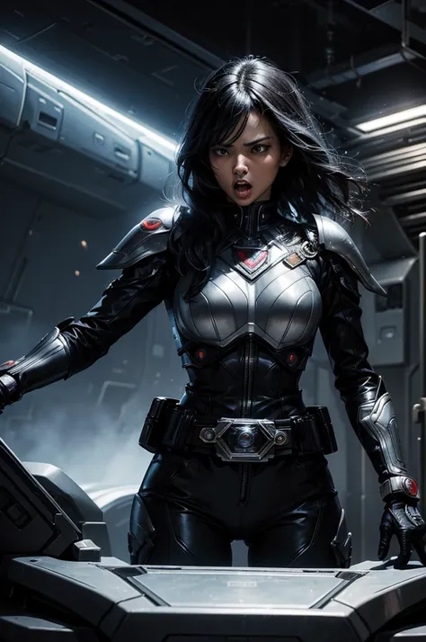 A beautiful woman takes command with her mouth wide open in anger. Mid twenties.A beautiful woman stands in front of the command seat of a spaceship and takes command. Black hair. He wears a black metallic battle uniform, and on his waist there is somethin...