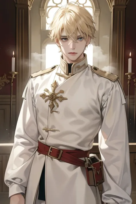 1 male, as-adult, messy blonde hair and bangs, prinz, white  clothes, handsome, dispassionate, the beautiful, condescending, sli...