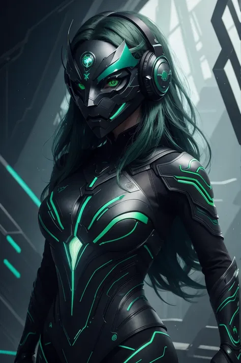 girl with long green hair, green eyes, futuristic vibes, mask on mouth, headphones, 8k, high quality, simple background, glowing eyes, nice pose