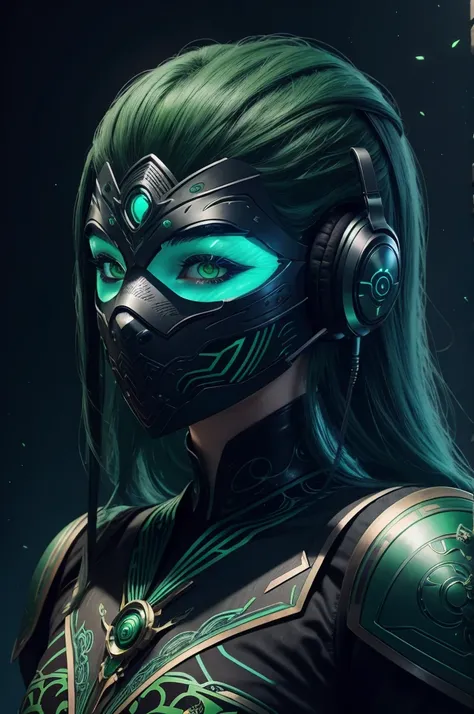 girl with long green hair, green eyes, futuristic vibes, mask on mouth, headphones, 8k, high quality, simple background, glowing eyes, nice pose