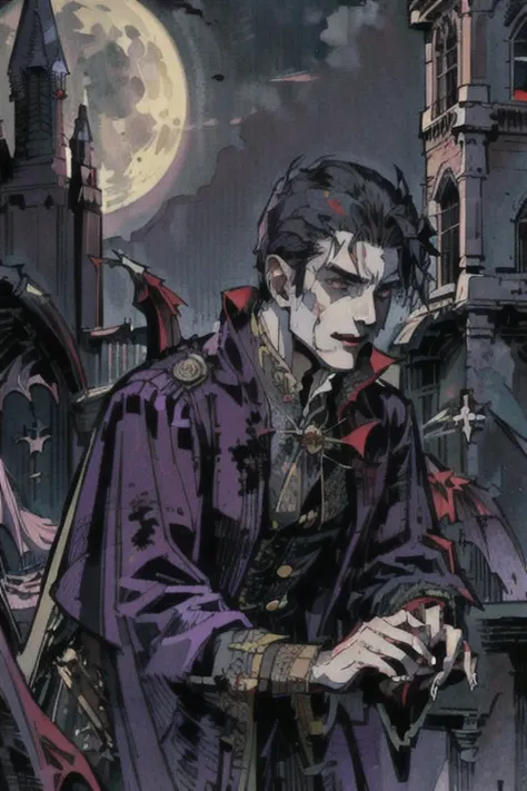 This is what a real Vampire looks like! Antique vampire clothes, elegant, gentlemanly. He is smiling friendly, his red hair is vivid, his red eyes shine against his perfect skin. In the background a purple church window, with moonlight reflecting behind. A...