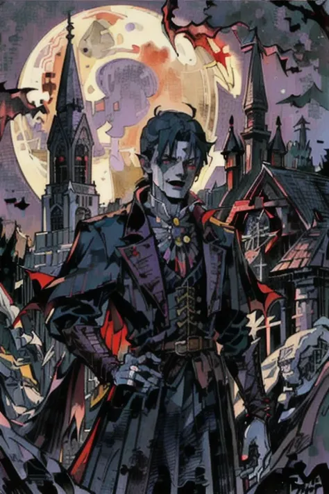 This is what a real Vampire looks like! Antique vampire clothes, elegant, gentlemanly. He is smiling friendly, his red hair is vivid, his red eyes shine against his perfect skin. In the background a purple church window, with moonlight reflecting behind. A...