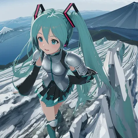 Hatsune Miku climbing Mt. Fuji in full plate armor