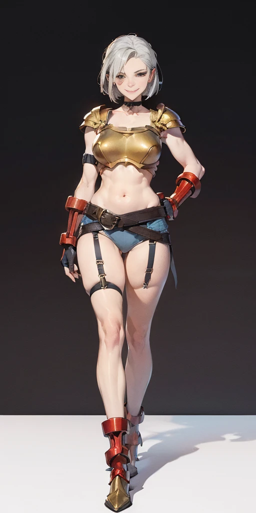 ((Plain background 1:2)) (Cammy White Street Fighter, white silver short bob haircut) female full body standing straight symmetrical loincloth, frontal position looking at viewer, golden armored (breastplate, choker, bracers, handcuffs, shackles, rerebrace...