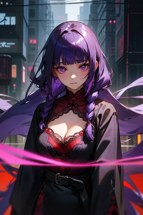 1 girl, Blunt bangs, Braiding, Wide sleeves, hair ornaments, Navy Red Lace、Black Belt, (Purple Hair:1.2), Very long hair, Straight hair, Looking at the audience, Highly detailed background, (Realistic:1.2), Beautiful Eyes, Red eyeshadow, Written boundary d...