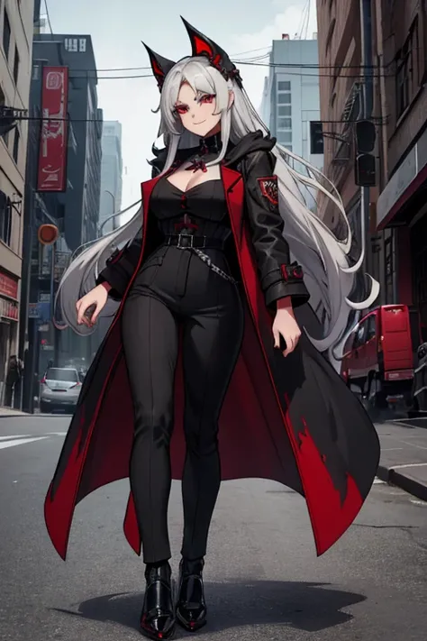 female, silver long hair with black highlights, red eyes, (((1girl))), (((red gothic coat))), (black shirt), (red pants), (black dress shoes), (black helm), cute and sexy, full body, large breasts, large butt, long legs, smiling