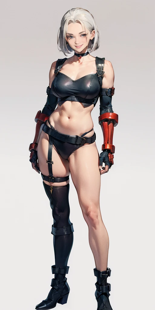 ((Plain background 1:2)) (Cammy White Street Fighter, white silver short bob haircut) female full body standing straight symmetrical loincloth, frontal position looking at viewer, Sheer Lace Top Thigh Highs with garter belt, golden armored (breastplate, ch...