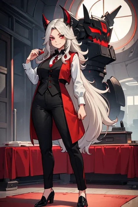 female, silver long hair with black highlights, red eyes, (((1girl))), (((red vest))), (black shirt), (red pants), (black dress shoes), (black helm), cute and sexy, full body, large breasts, large butt, long legs, smiling