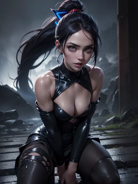 (Long-range shooting: 1.5), jinx (league of legends), (1girl，League of Legends Jinx)，(Scarlet eyes: 1.2, crazy laughter, Blue double ponytail hair: 1.5)，Kungfu，Wearing Doctor Strange costume，(Holding a particle laser cannon in hand，a revolver)，Aoshu crysta...