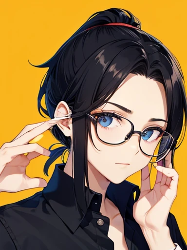 Black Hair，ponytail，He is holding up his glasses with his left hand，It&#39;s too bright and I close my left eye，Sandy Beach，Shorts，Rolling up the sleeves of his shirt