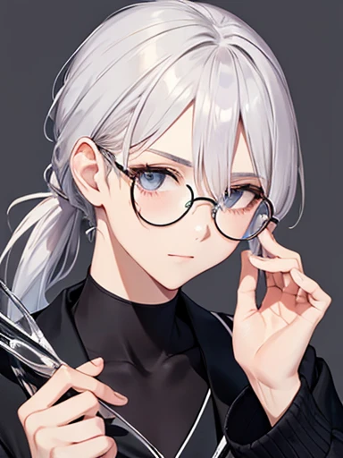 Silver Hair，ponytail，He is holding up his glasses with his left hand，that&#39;It&#39;s too bright so I close my left eye，Sandy Beach，Shorts，Roll up your shirt sleeves