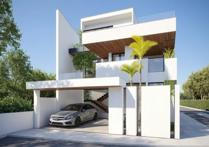 townhouse, (modern style:1.2), exterior design, perspective view, (white wall:1.3), (block sidewalks and asphalt roads), (fronta...