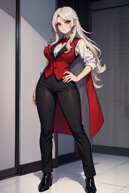 female, silver long hair with black highlights, red eyes, (((1girl))), (((red vest))), (black shirt), (red pants), (black dress shoes), cute and sexy, full body, large breasts, large butt, long legs, smiling