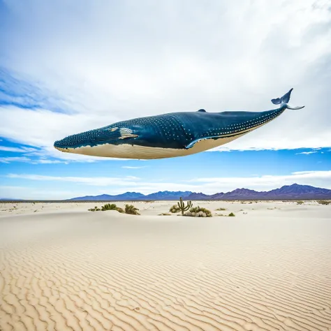 A large, imposing blue whale, gracefully floating against gravity amidst fluffy white clouds. This surreal scene is set in an expansive desert backdrop, sprinkled with small groups of cacti and sand dunes undulating to the horizon. The sky above the whale ...