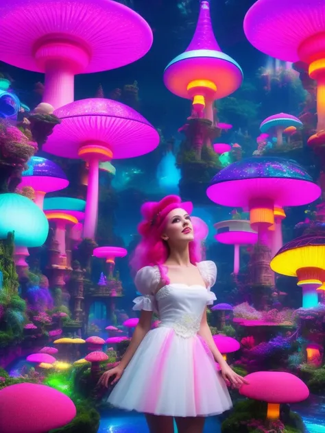 Girl with pink hair, mushroom city in a bubble, neons, Alice in Diffusion land