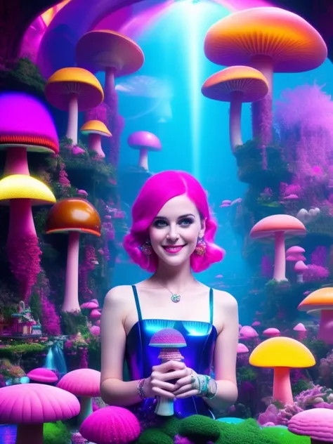 Girl with pink hair, mushroom city in a bubble, neons, Alice in Diffusion land