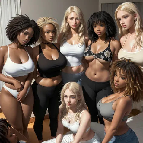 (A single black man laying on his back, wearing shorts, in-center of composition) (in-bed) A diverse group of five young adult Americans, representing different ethnicities and characteristics, wearing yoga-pants and tank-tops, displays their unique beauty...