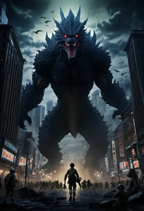 Witness an awe-inspiring illustration that depicts a nightmarish kaiju, reminiscent of Attack on Titan, wreaking havoc upon a major city. The scene showcases the chaos and panic as people desperately attempt to flee while the military engages in a fierce b...