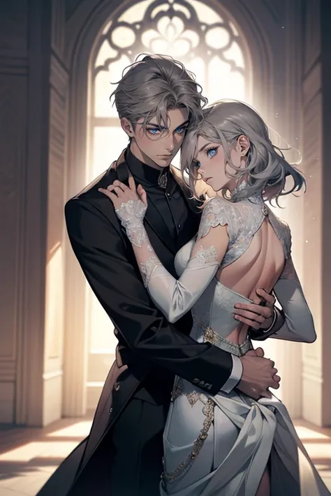 Male and Female: Two individuals, each distinctive and captivating, engaged in an intimate dance within the grandeur of a castle. The female, with wavy light hair cascading down her back, contrasts elegantly against the dark, sleek tresses of her partner. ...