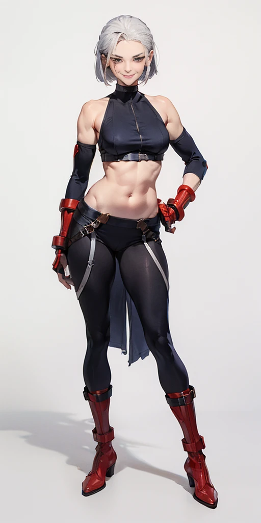 ((Plain background 1:2)) (Cammy White Street Fighter 6 with white silver short bob haircut) Female full body standing straight symmetrical loincloth feet together with Footless Tights, huge belt around waistline (choker, bracers, handcuffs, shackles, rereb...